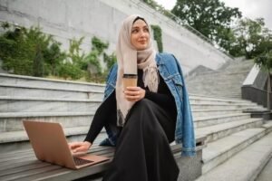 modern stylish muslim woman hijab working laptop modern stylish muslim woman hijab working laptop
