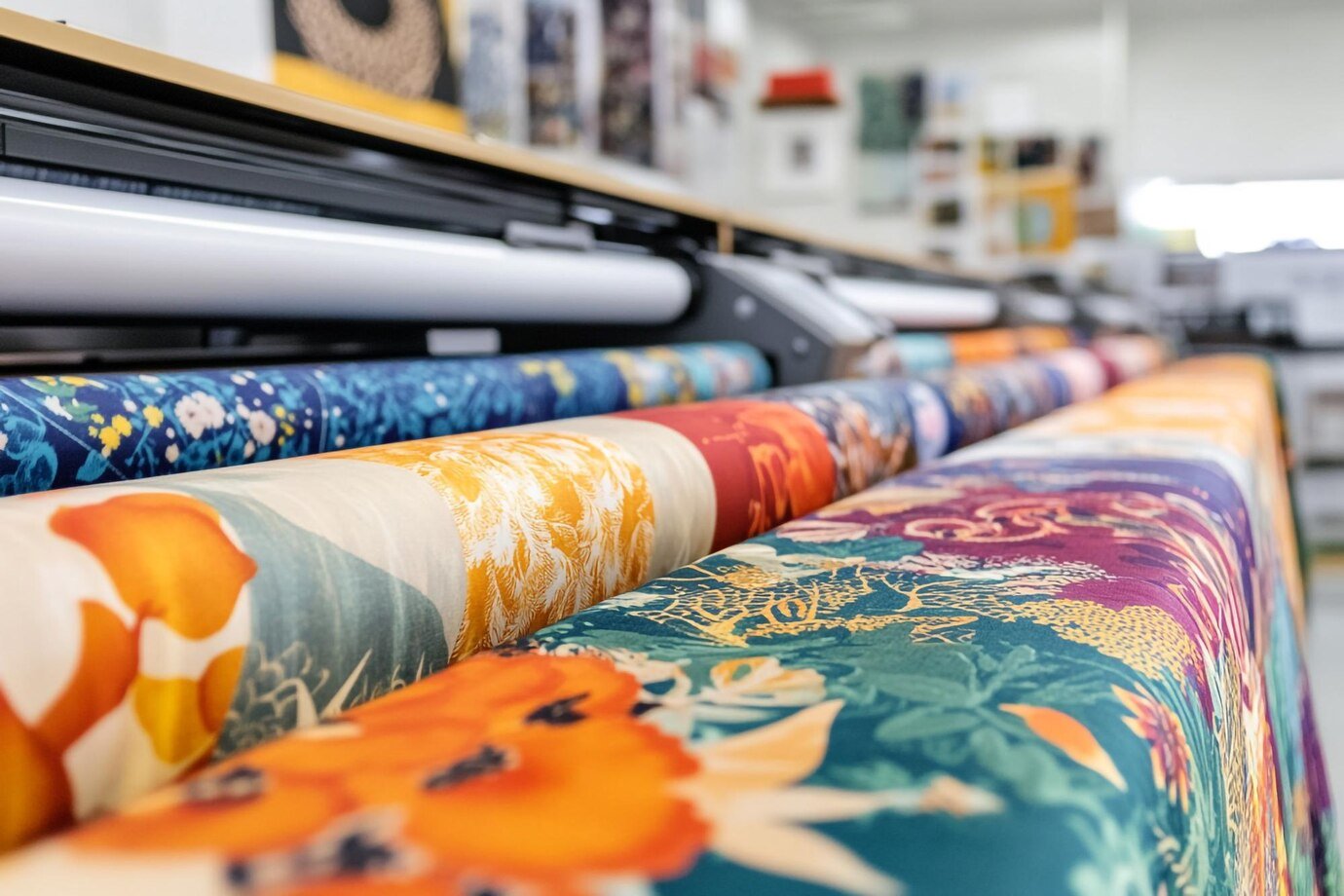 Colorful Fabric Rolls Emerging From Large Format Printer Showcasing Vibrant Floral Patterns_freepik Colorful Fabric Rolls Emerging From Large Format Printer Showcasing Vibrant Floral Patterns_freepik