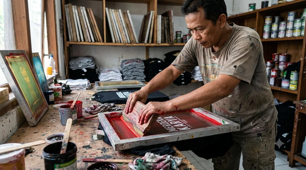 Proses Sablon Manual Menggesut Tinta Dengan Rakel Di Atas Screen